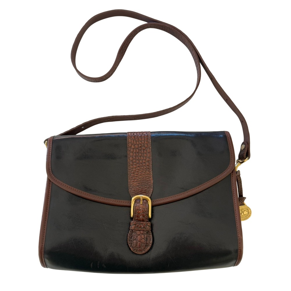Brahmin Vintage 1980's Black Leather Shoulder Bag Croc Trim Brass Details